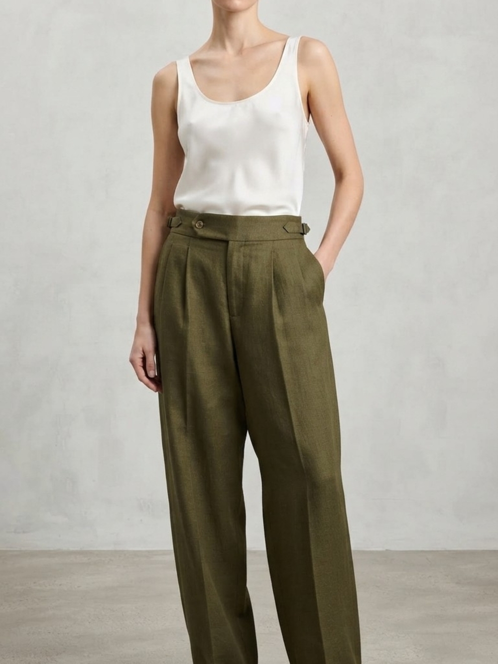 NWT LOVAU Marbella Old Money Pleated Tailored Trousers Olive Green Size L